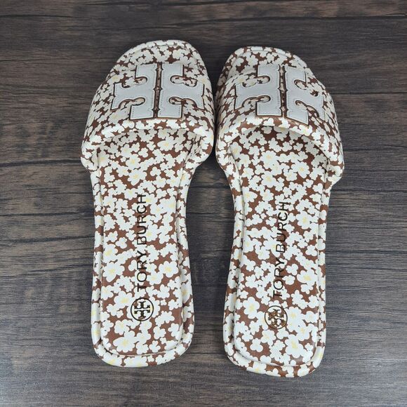 Tory Burch Double T Sport Slide Tumbled Leather Floral Print Women's Sz 9 (VGC) - Picture 6 of 8